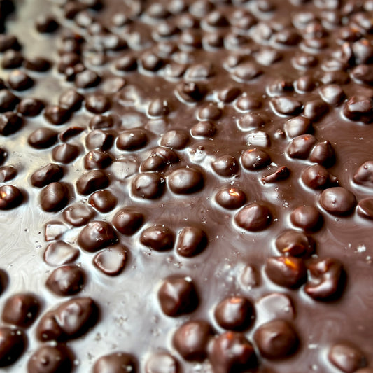 Thin dark chocolate bark studded with glossy candied hazelnuts and sprinkled with fleur de sel.