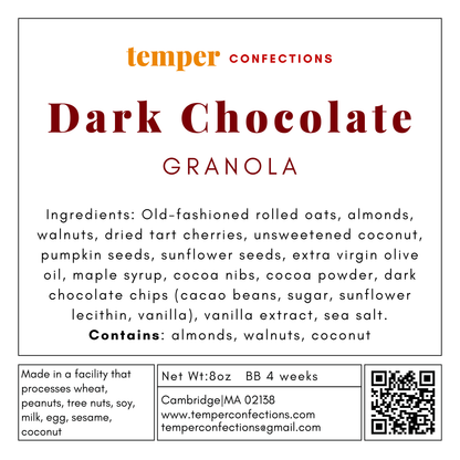 Label for Dark Chocolate Granola from Temper Confections with ingredients list and contact information.
