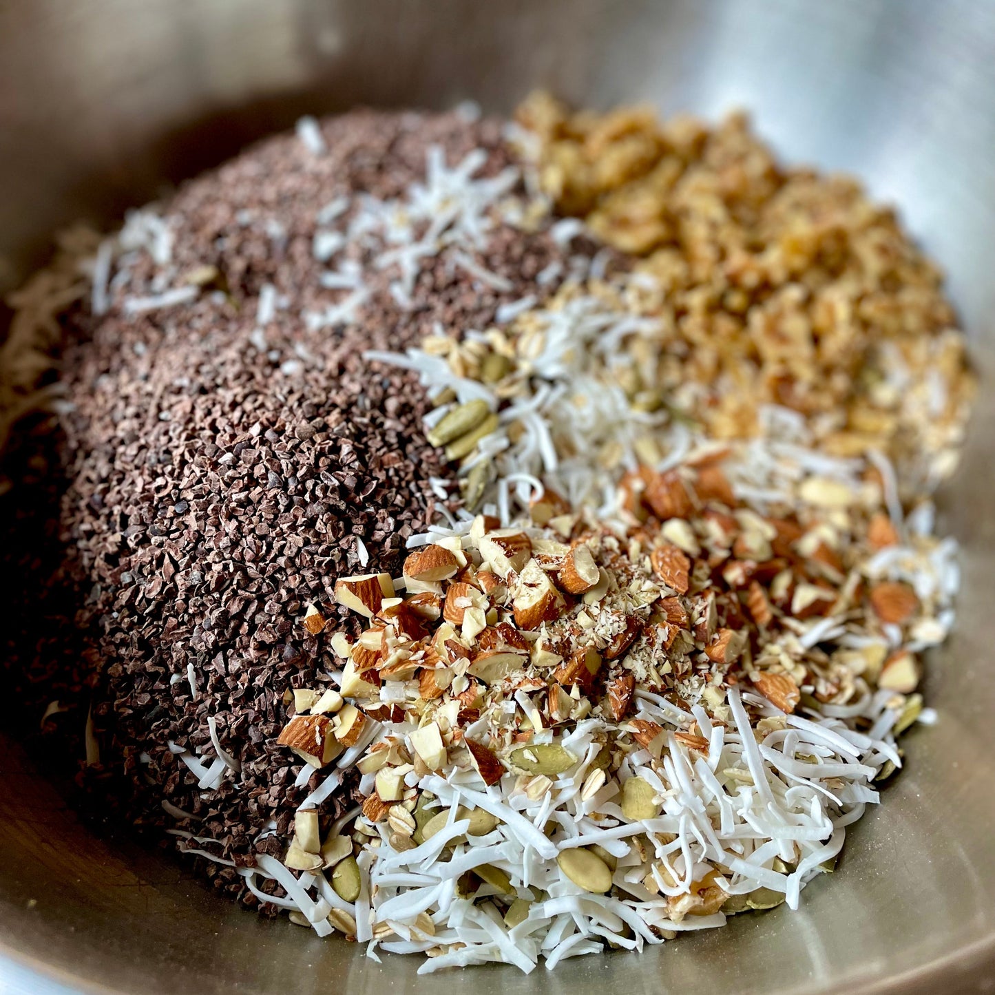 Bowl of ingredients for Dark Chocolate Granola
