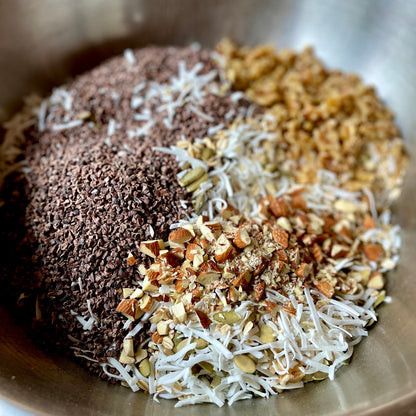 Bowl of ingredients for Dark Chocolate Granola