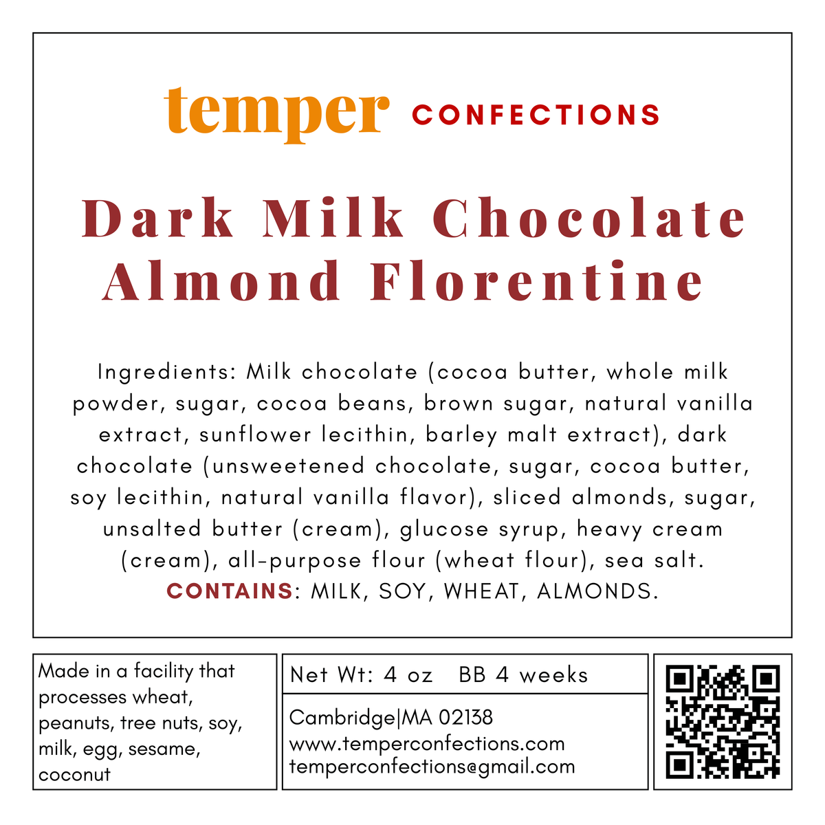 Ingredient Label for Dark Milk Chocolate Almond Florentine