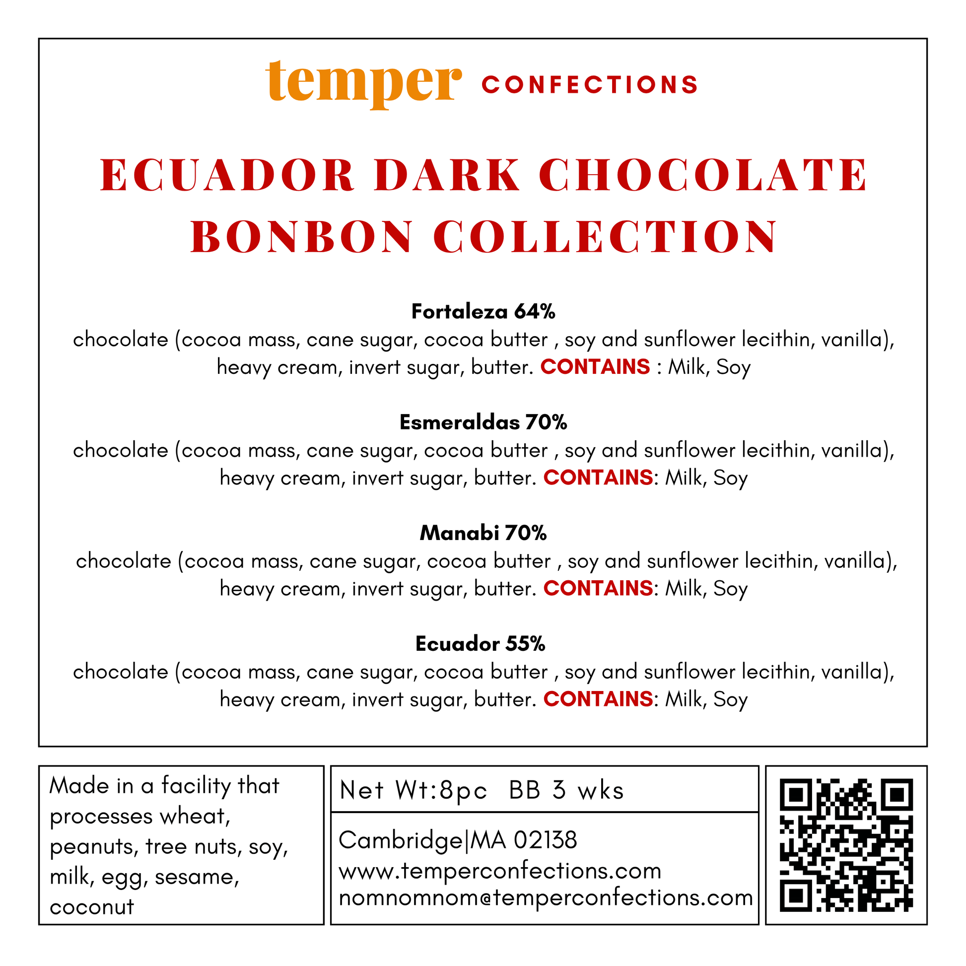 Temper Confections Ecuador Dark Chocolate Bonbon Collection label with ingredients and contact information.
