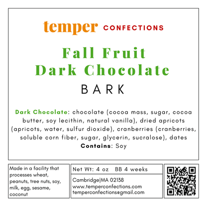 Ingredient label for Fall Fruit Dark Chocolate Bark