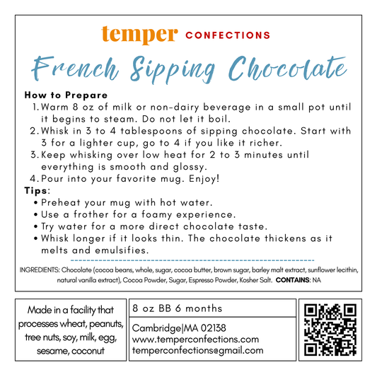 Instructions for preparing French sipping chocolate from Temper Confections.
