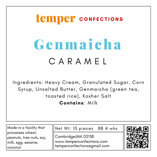 Temper Confections Genmaicha Caramel label with ingredients and contact information.