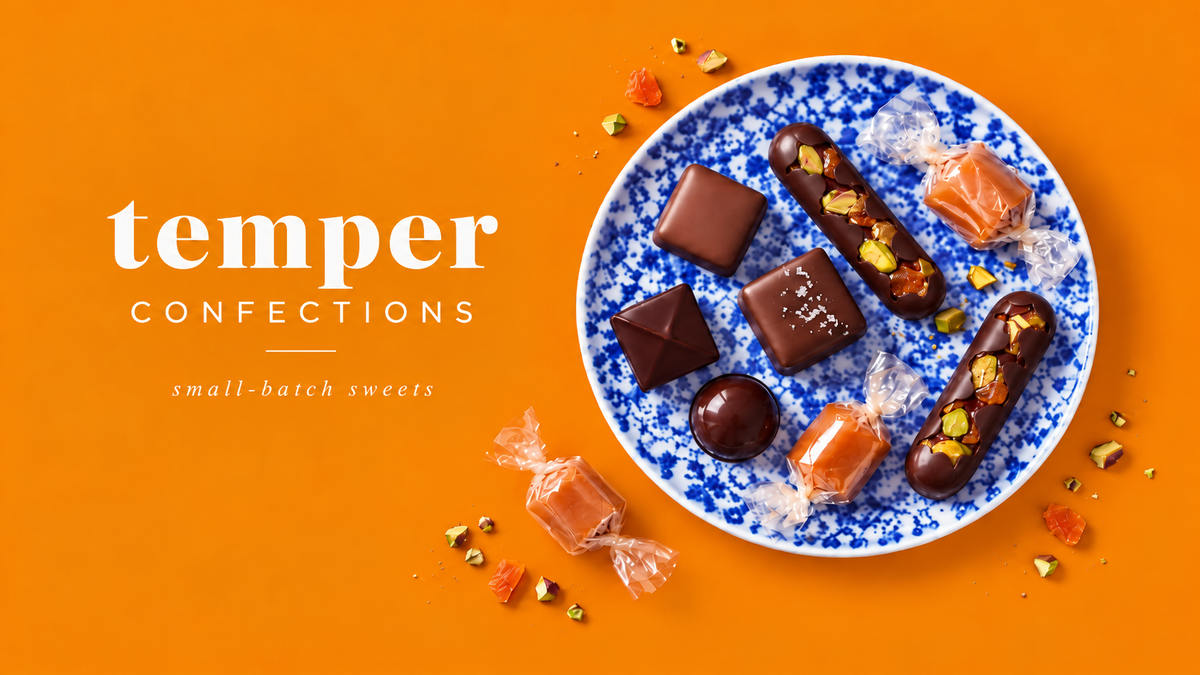 An overhead flat-lay of assorted chocolate confections on a blue-and-white patterned plate against a bright orange background, with the text 'temper CONFECTIONS' and 'small-batch sweets' on the left.