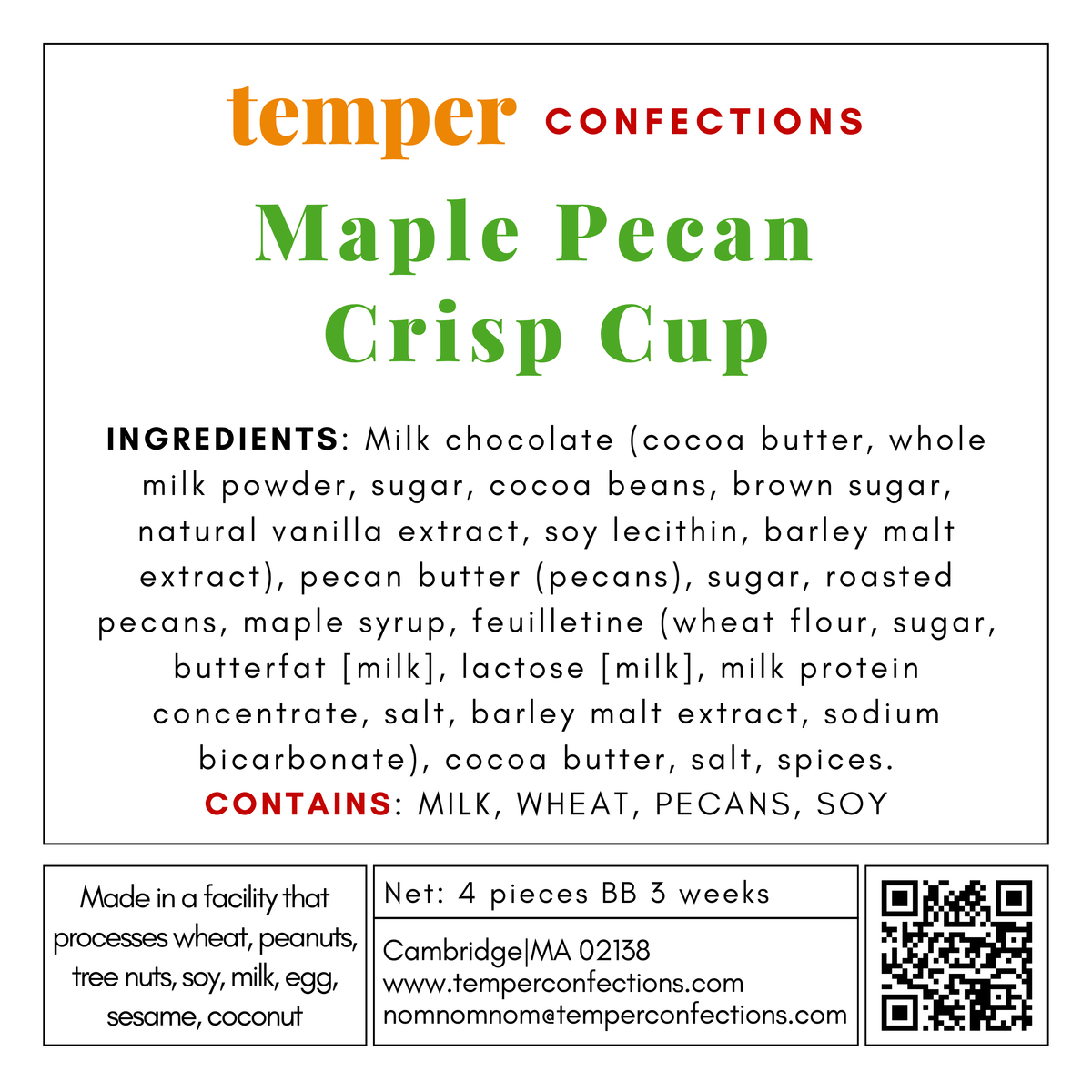 Ingredient Label for maple pecan crisp cup