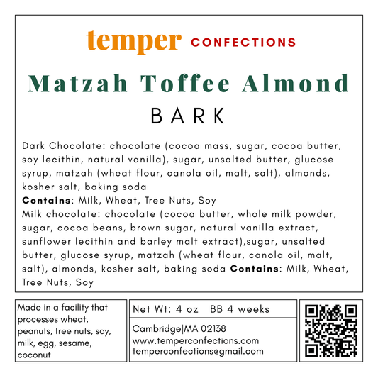 Temper Confections Matzah Toffee Almond Bark label with ingredients and contact information.