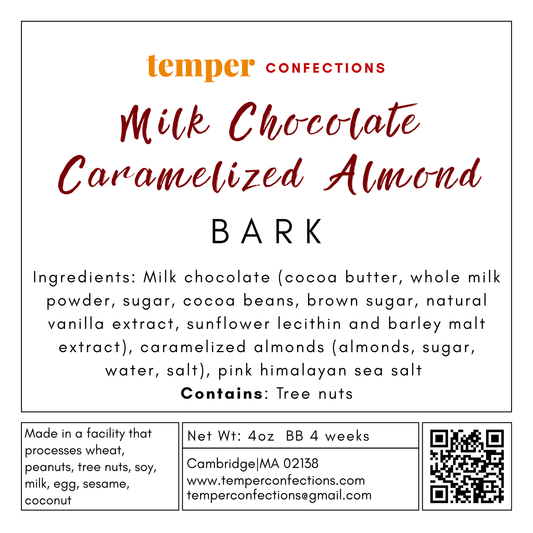 Temper Confections Milk Chocolate Caramelized Almond Bark label with ingredients and contact information.