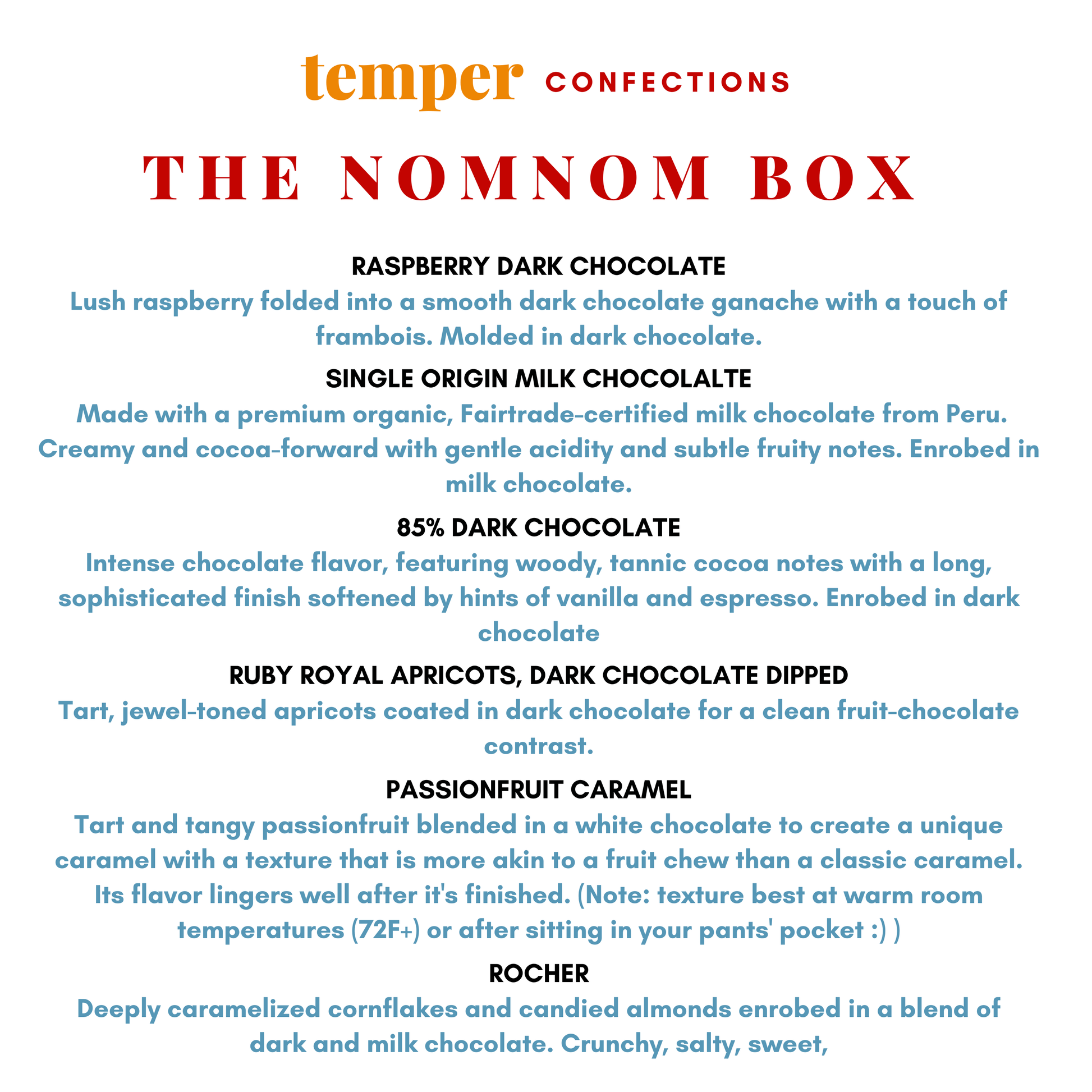 Product description of The Nomnom Box from Temper Confections with details on each chocolate flavor.