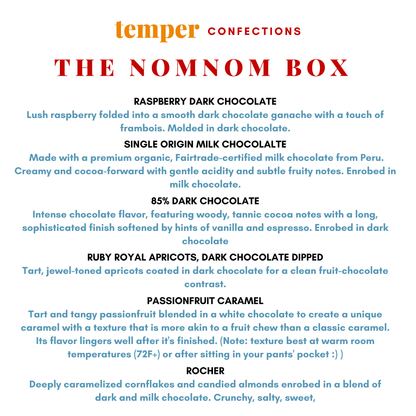 Product description of The Nomnom Box from Temper Confections with details on each chocolate flavor.