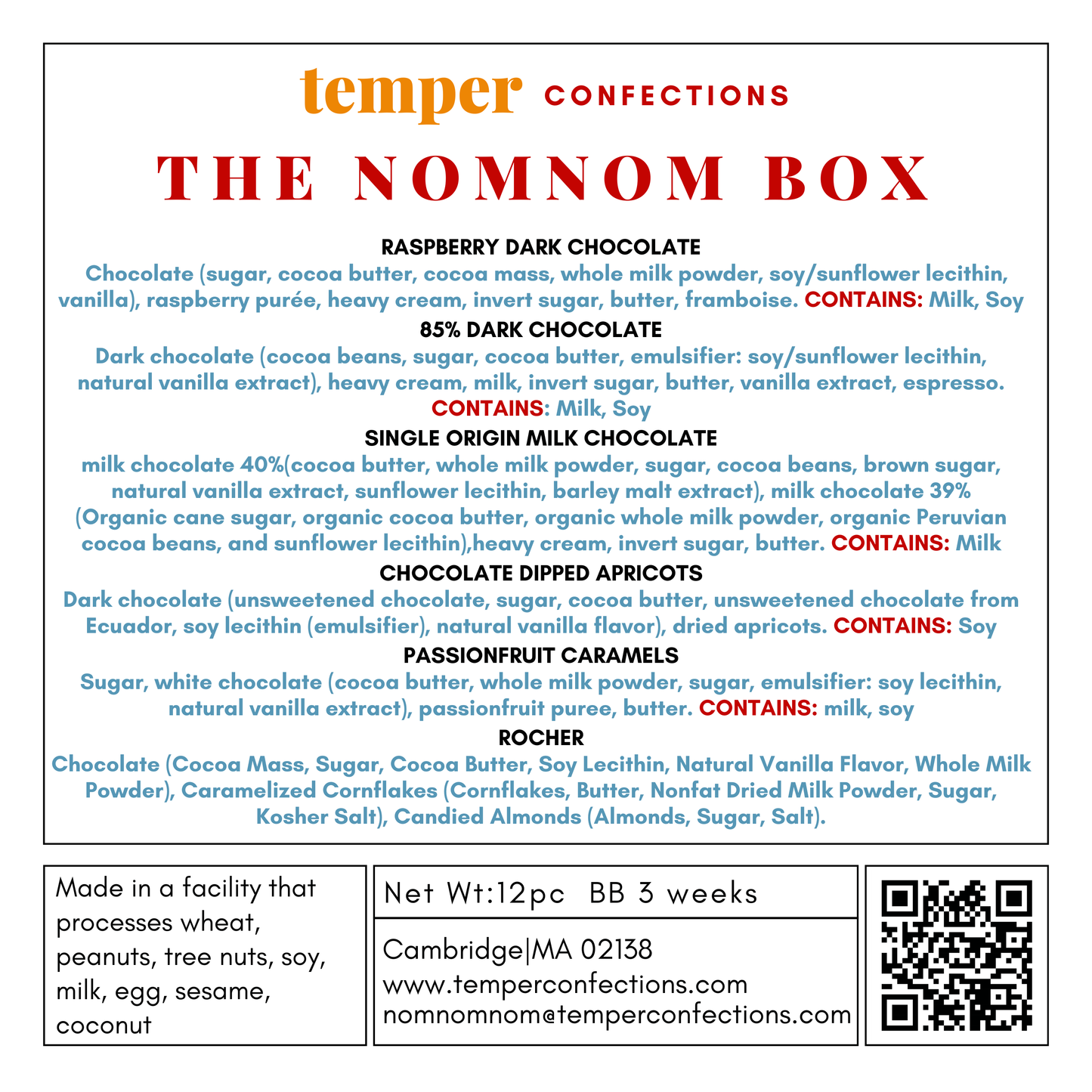 Temper Confections The Nomnom Box packaging with product details and contact information.