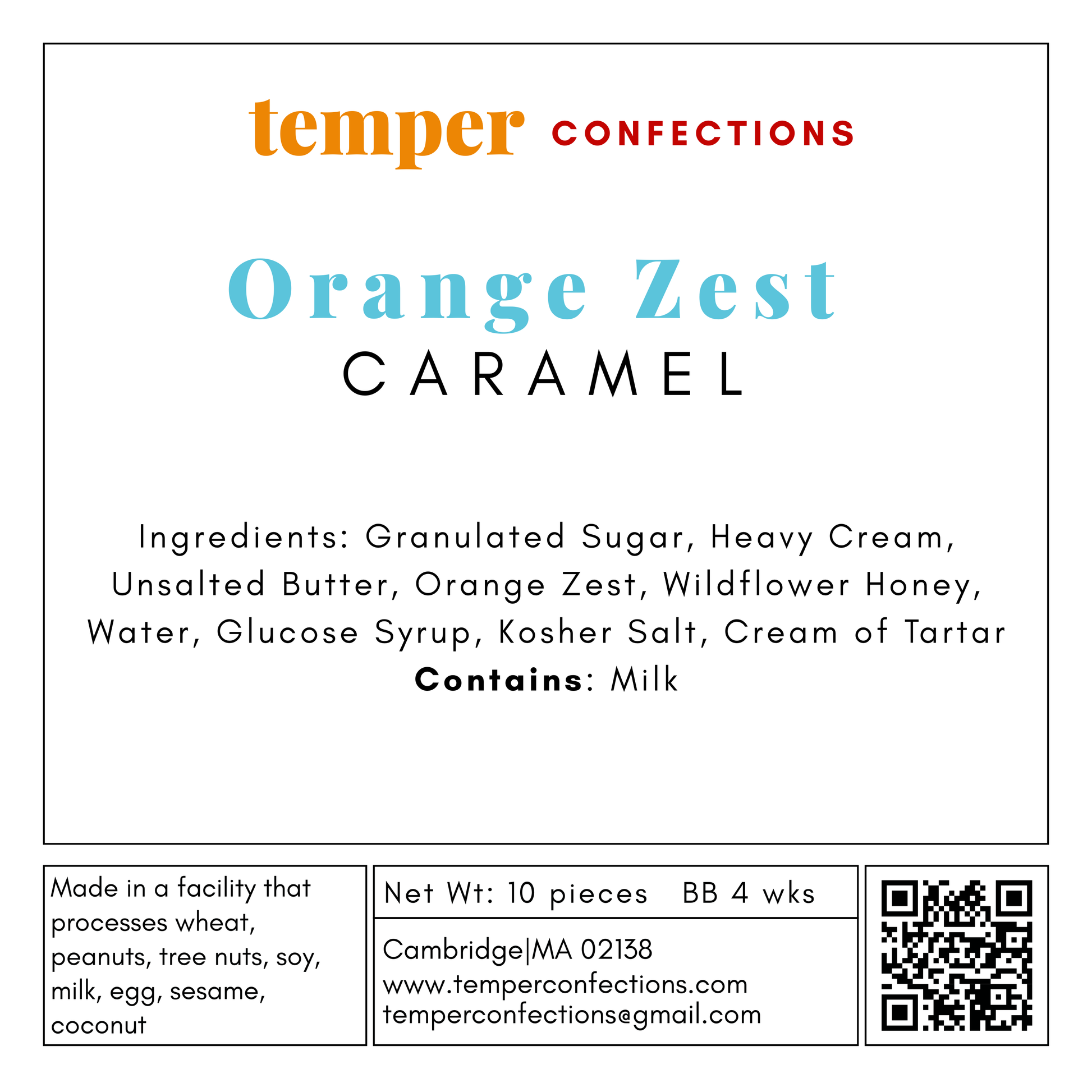 Temper Confections Orange Zest Caramel label with ingredients and contact information.