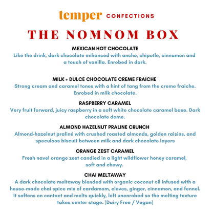 Menu of temper confections with descriptions of various chocolate flavors.
