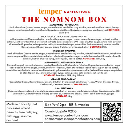 Product label for 'The Nomnom Box' from Temper Confections with ingredient lists and contact information.