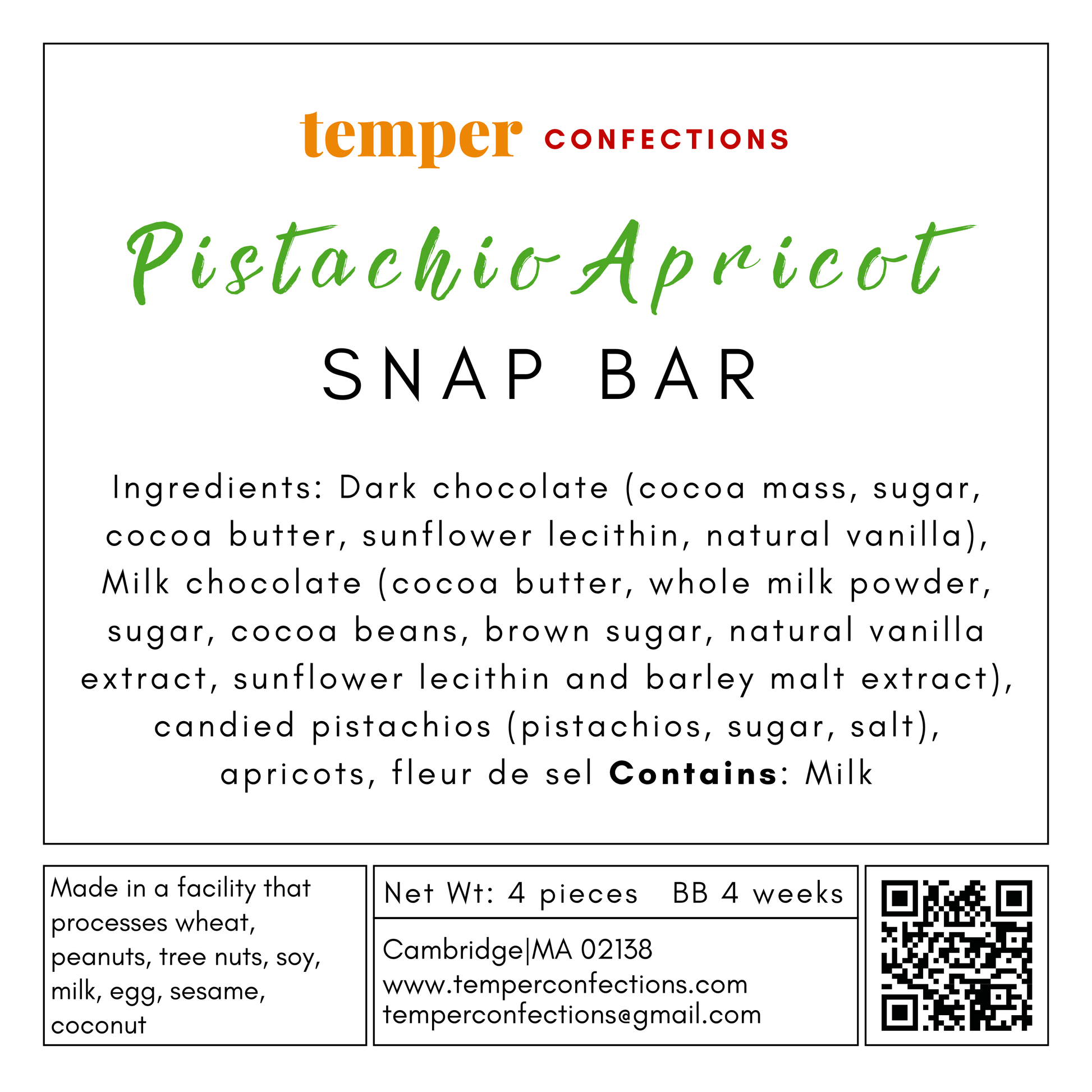 Temper Confections Pistachio Apricot Snap Bar label with ingredients and contact information.