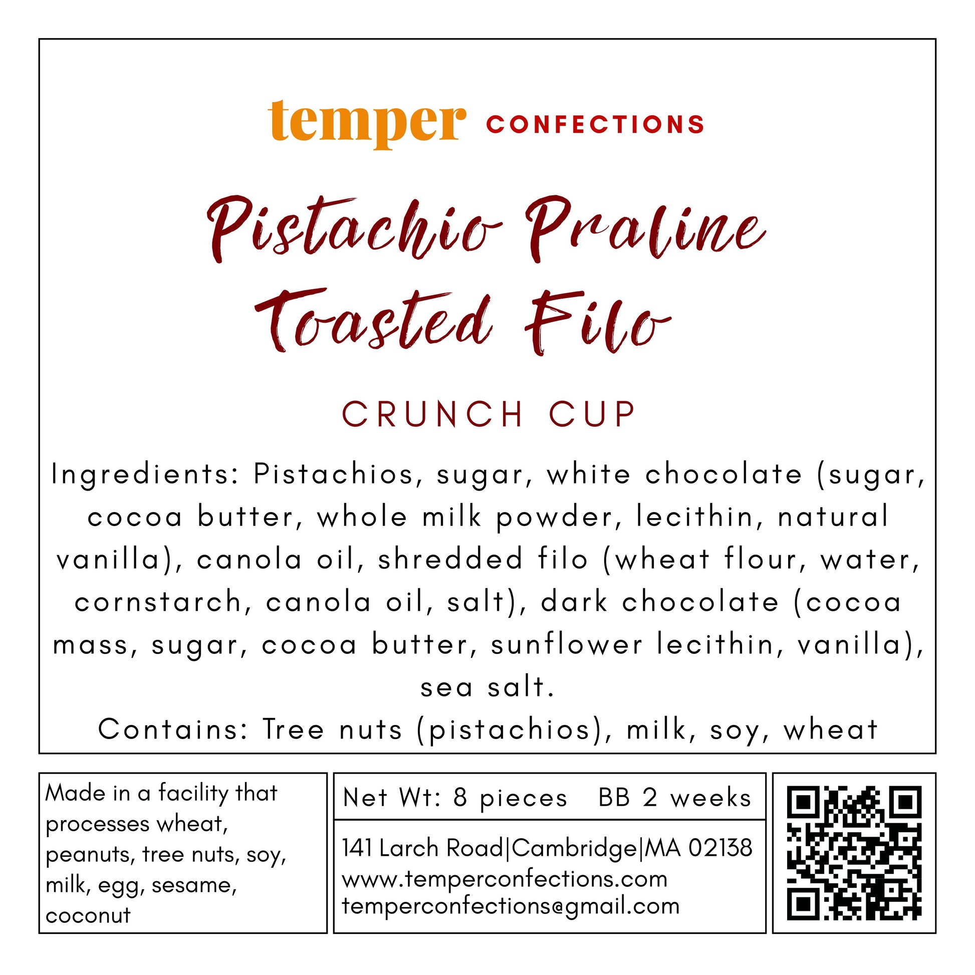 Ingredient and allergen list for pistachio praline toasted filo crunchcup