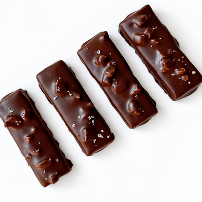 4 chocolate bars with topping of salt on white background