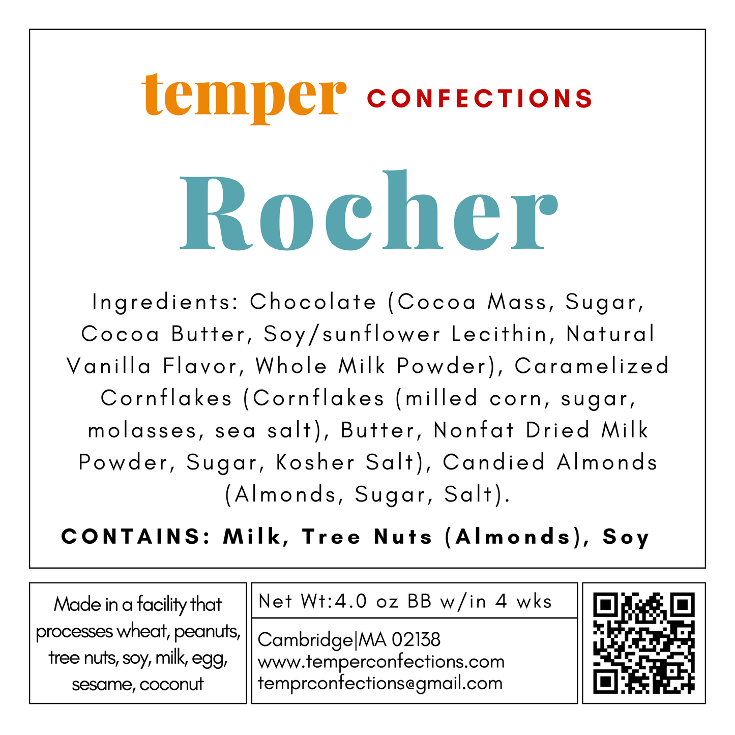 Temper Confections Rocher label with ingredients and contact information.