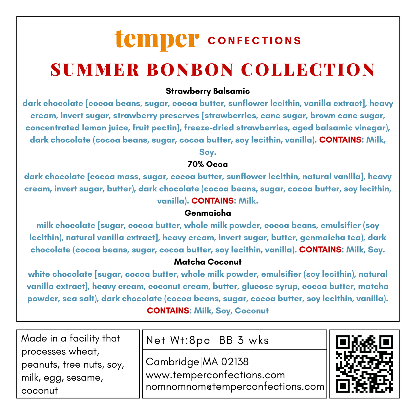 Temper Confections Summer Bonbon Collection label with product details and contact information.