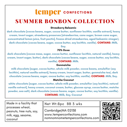 Temper Confections Summer Bonbon Collection label with product details and contact information.