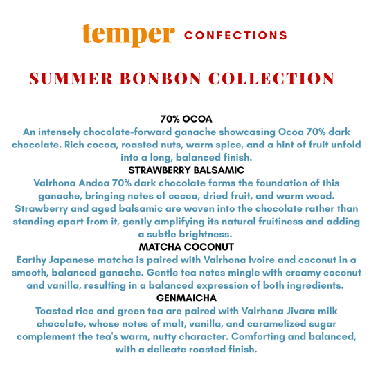 Temper Confections Summer Bonbon Collection description on a white background