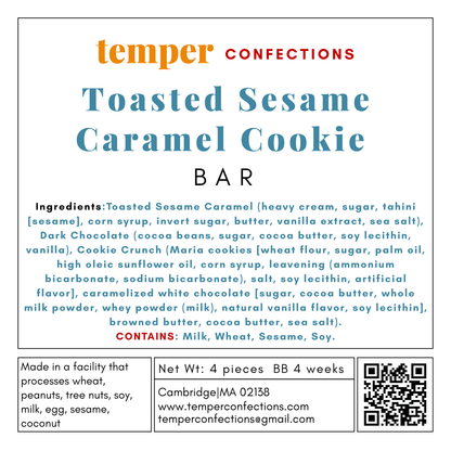Label for Toasted Sesame Caramel Cookie Bar from Temper Confections with ingredients list and contact information.