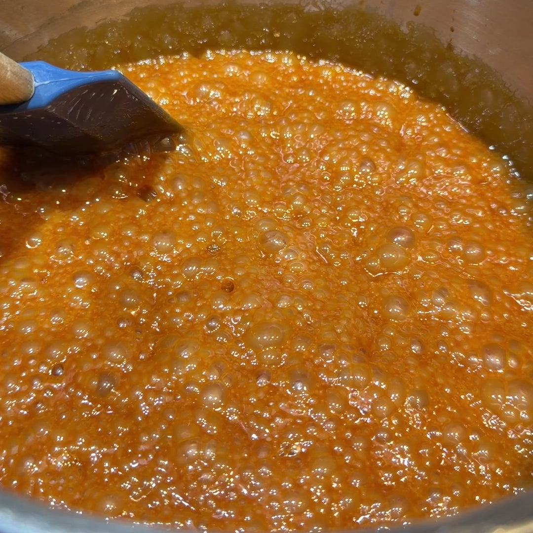Caramel bubbling in pot